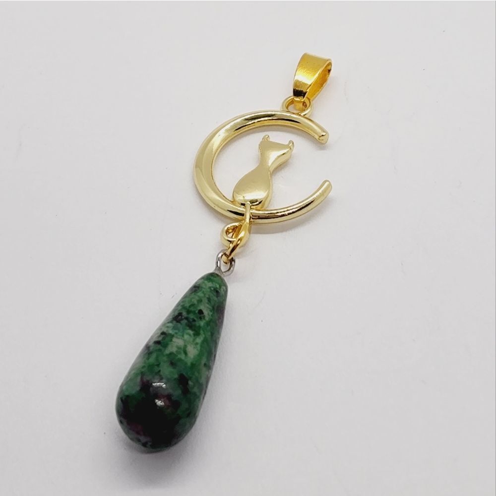 Ruby Zoisite Stone Teardrop Tibetan Gold Cat Pendant 2.5"